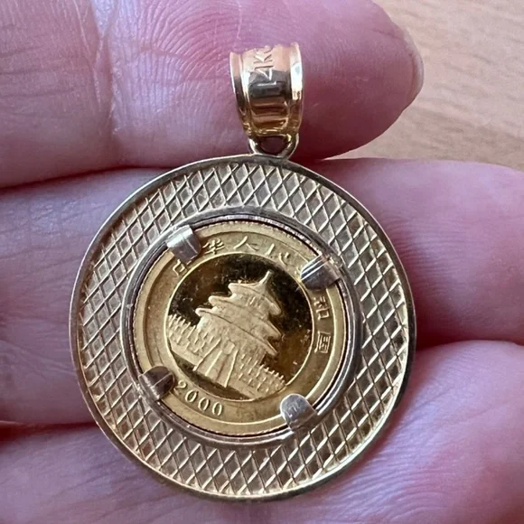 14K BEZEL SET PENDANT PANDA COIN 2000 1/20oz 5 YUAN FROSTED .999 FINE GOLD